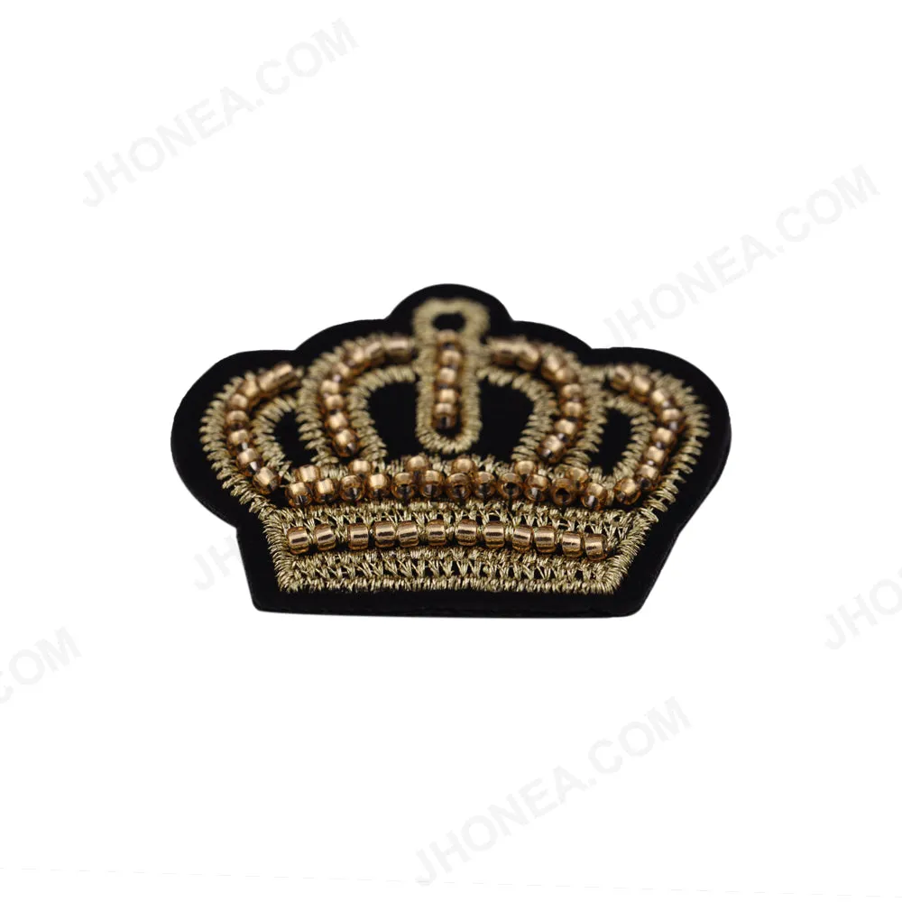 Attractive Black with Gold Embroidery Beaded Crown Patch