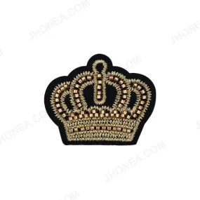 Attractive Black with Gold Embroidery Beaded Crown Patch