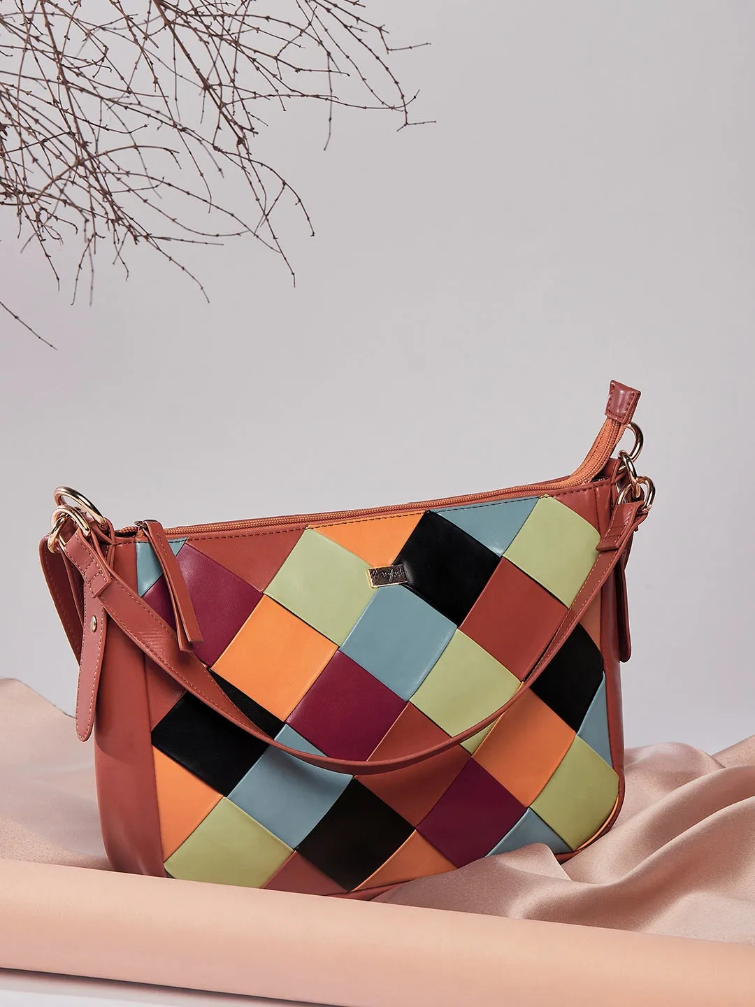 Berrylush Women Brown & Multicolour Geometric Pattern PU Detachable Sling Strap Structured Small Sling Bag