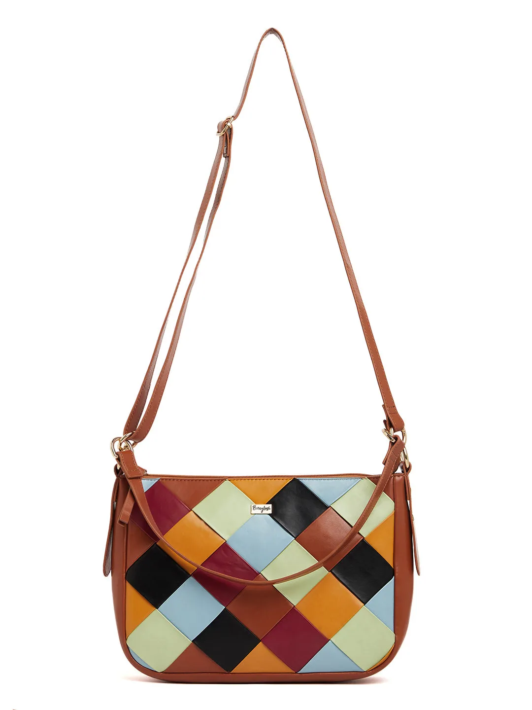 Berrylush Women Brown & Multicolour Geometric Pattern PU Detachable Sling Strap Structured Small Sling Bag