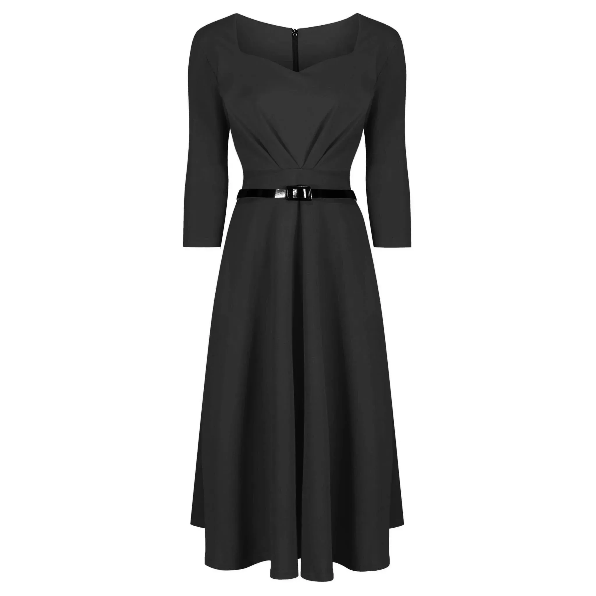 Black 3/4 Sleeve Sweetheart Neckline 50s Swing Dress