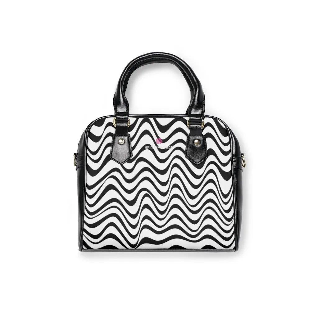 Black Wavy Print Shoulder Handbag, Waves Printed Best Designer Ladies' 9.45" x 8.27" Shoulder Handbag