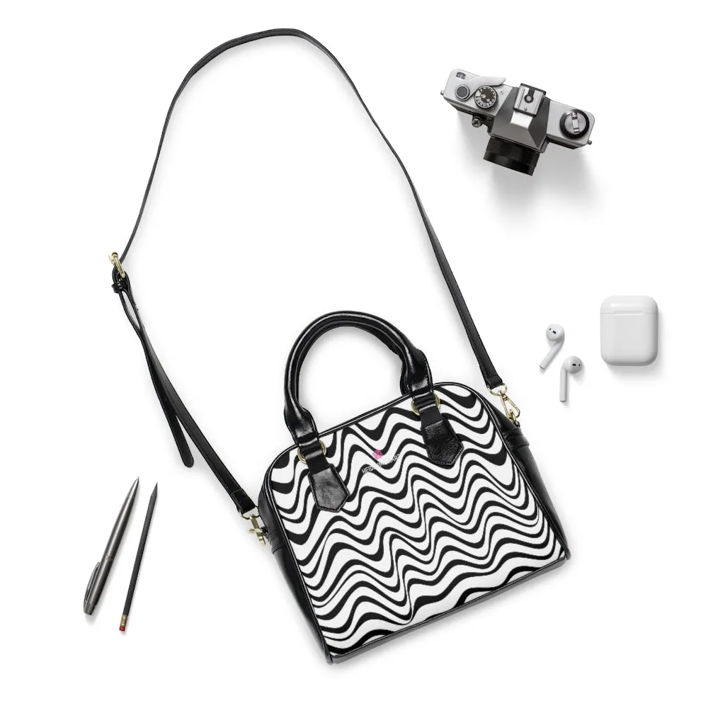 Black Wavy Print Shoulder Handbag, Waves Printed Best Designer Ladies' 9.45" x 8.27" Shoulder Handbag