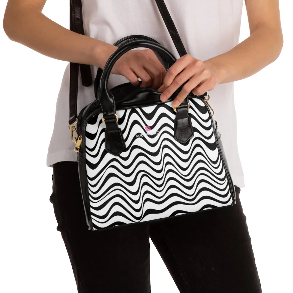 Black Wavy Print Shoulder Handbag, Waves Printed Best Designer Ladies' 9.45" x 8.27" Shoulder Handbag