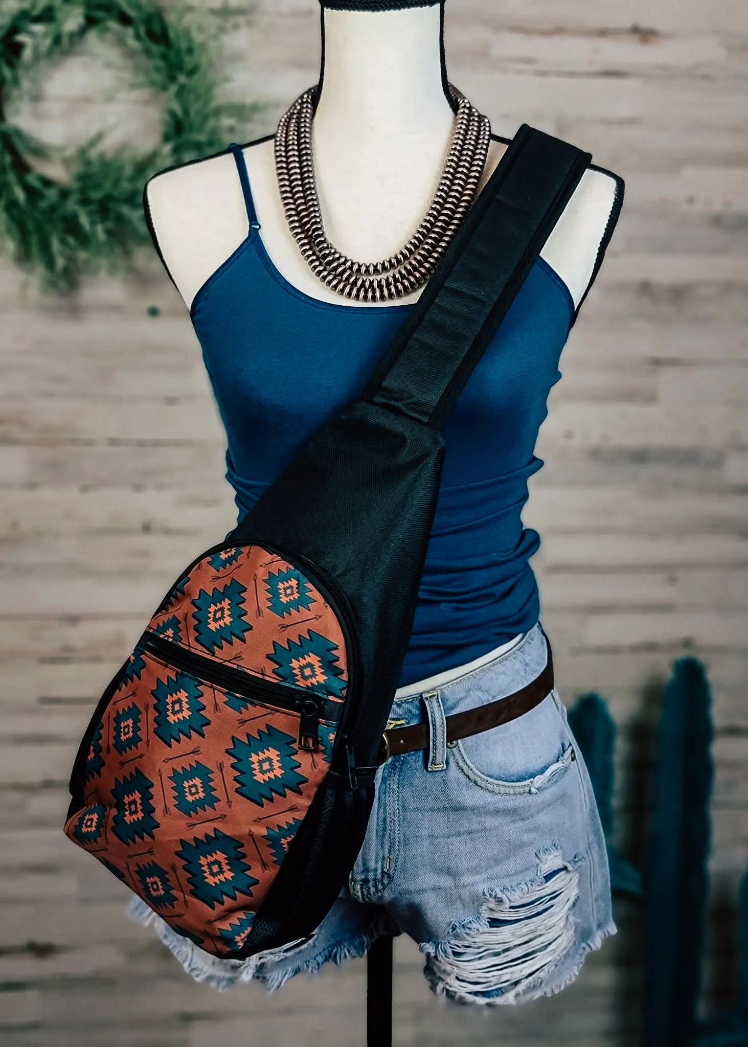 Brown & Teal Aztec Sling Bag