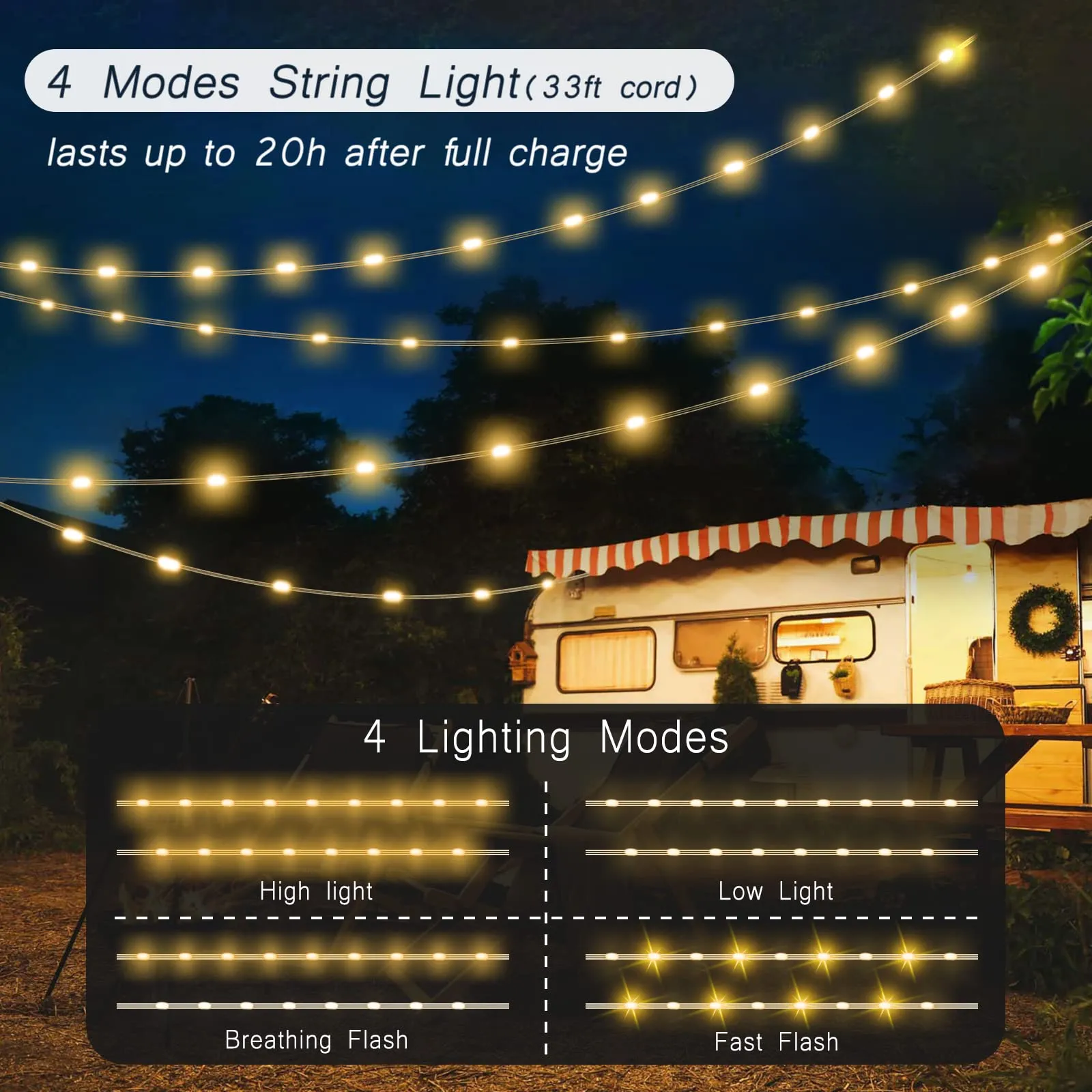 Camping String Lights-Camping Lantern with String Light(33Ft),Rechargeable Flashlights with 4000mAh Charger,IP44 Waterproof Camping Lights,Portable Lantern Flashlight for Emergency,Camping,Hiking