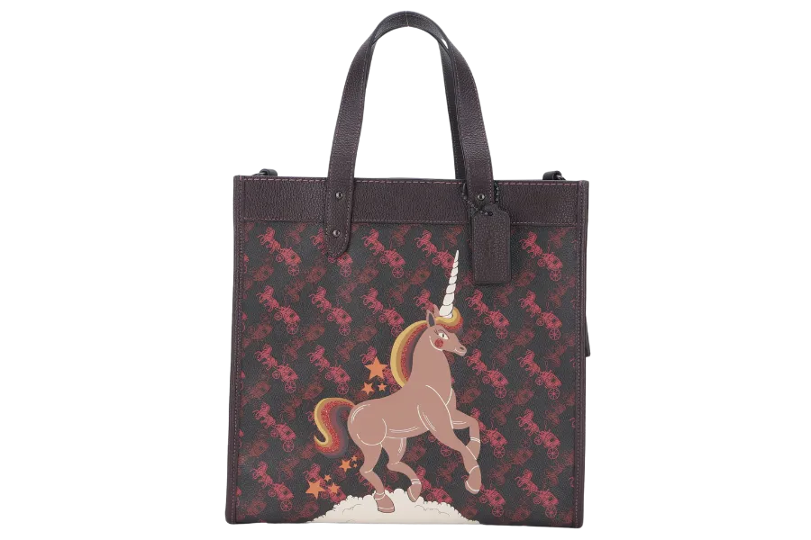 COACH FIELD TOTE BAG WITH HORSE AND CARRIAGE PRINT AND RAINBOW (79365) BURGUNDY CANVAS BHW J1947 WITH POUCH, STRAPS , CARD AND DUST COVER