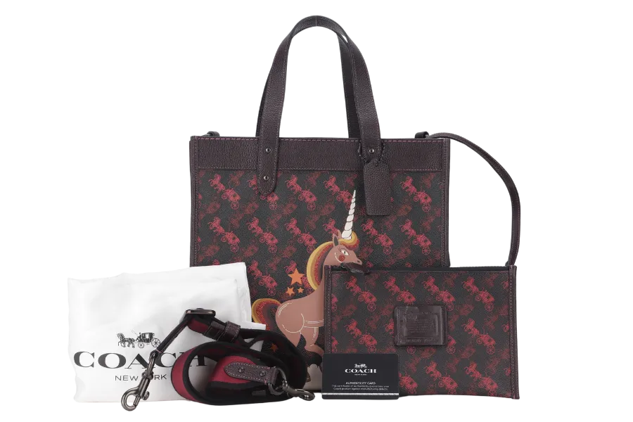 COACH FIELD TOTE BAG WITH HORSE AND CARRIAGE PRINT AND RAINBOW (79365) BURGUNDY CANVAS BHW J1947 WITH POUCH, STRAPS , CARD AND DUST COVER