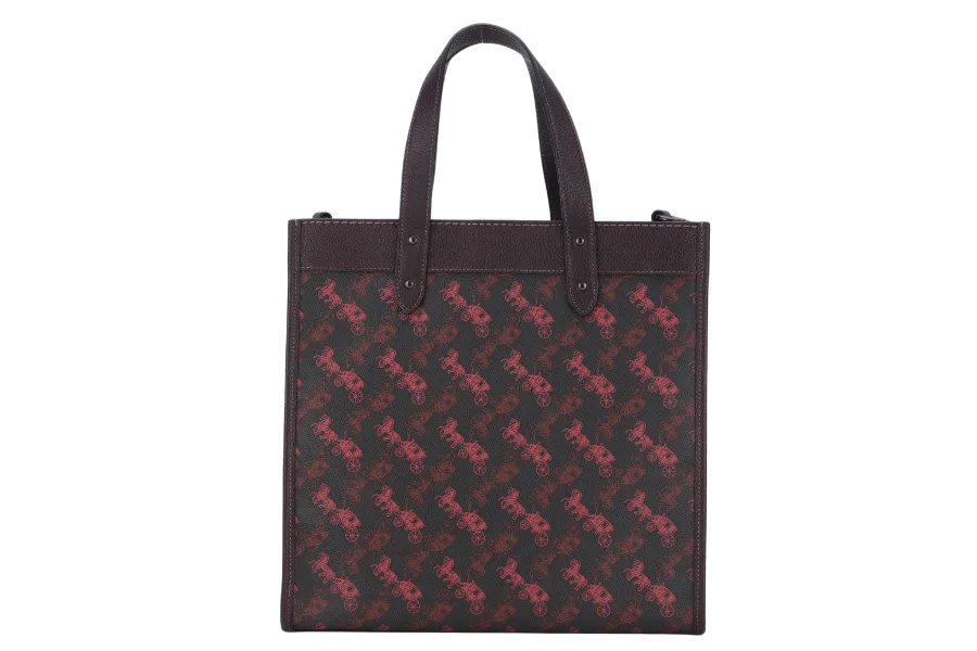 COACH FIELD TOTE BAG WITH HORSE AND CARRIAGE PRINT AND RAINBOW (79365) BURGUNDY CANVAS BHW J1947 WITH POUCH, STRAPS , CARD AND DUST COVER