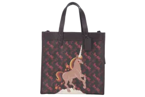 COACH FIELD TOTE BAG WITH HORSE AND CARRIAGE PRINT AND RAINBOW (79365) BURGUNDY CANVAS BHW J1947 WITH POUCH, STRAPS , CARD AND DUST COVER