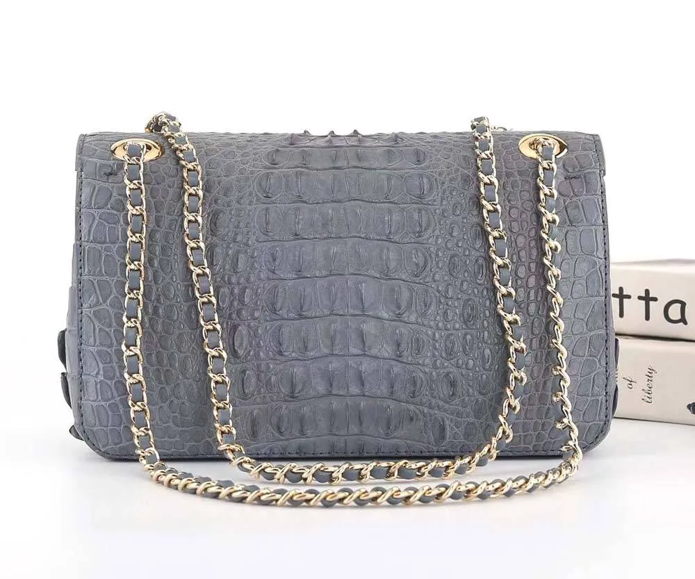 Crocodile Leather Flap Chain Shoulder Bag Dark Grey