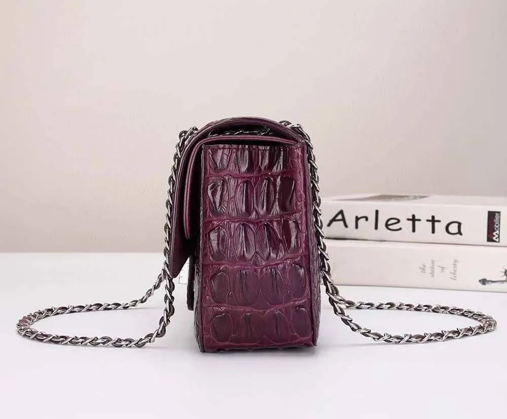 Crocodile Leather Flap Chain Shoulder Bag Wine Red