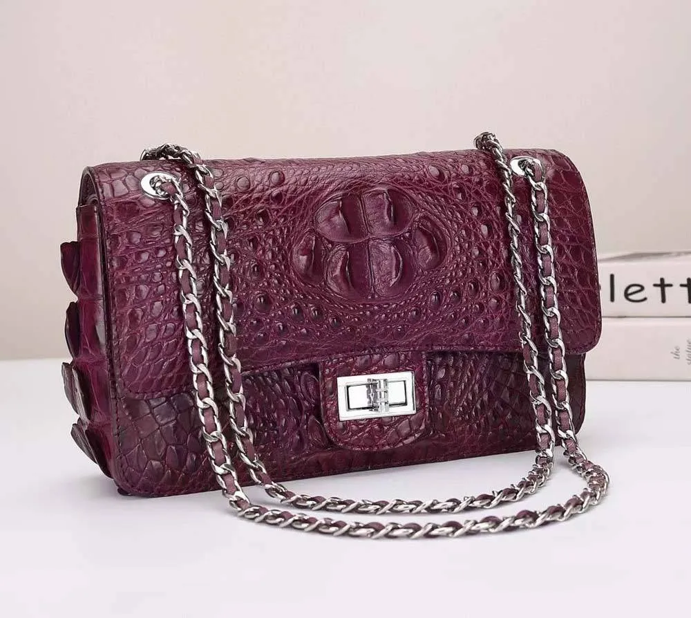 Crocodile Leather Flap Chain Shoulder Bag Wine Red