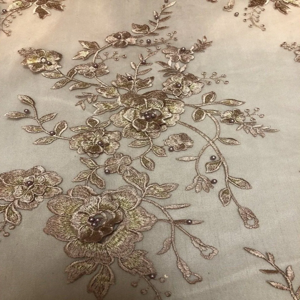 Dusty Rose | Brown Rouley 3D Pearl Floral Embroidered Lace Fabric