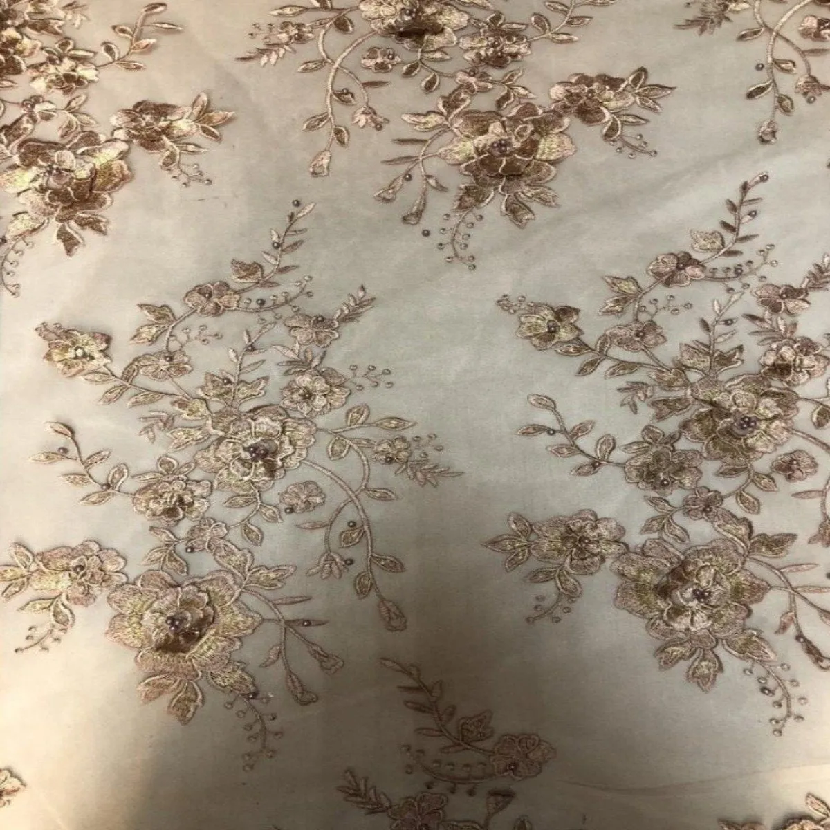 Dusty Rose | Brown Rouley 3D Pearl Floral Embroidered Lace Fabric