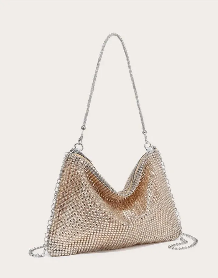 Golden Rhinestone Sparkly Evening Bag with Silver Chain