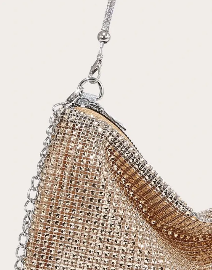 Golden Rhinestone Sparkly Evening Bag with Silver Chain