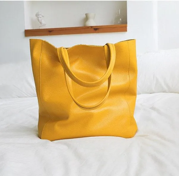 Handcrafted Leather Tote Bag | Grain Leather Large Tote Bag |  Birthday gift for her, yellow, Shell Pink, Caramel, Black Blue Gift For Her