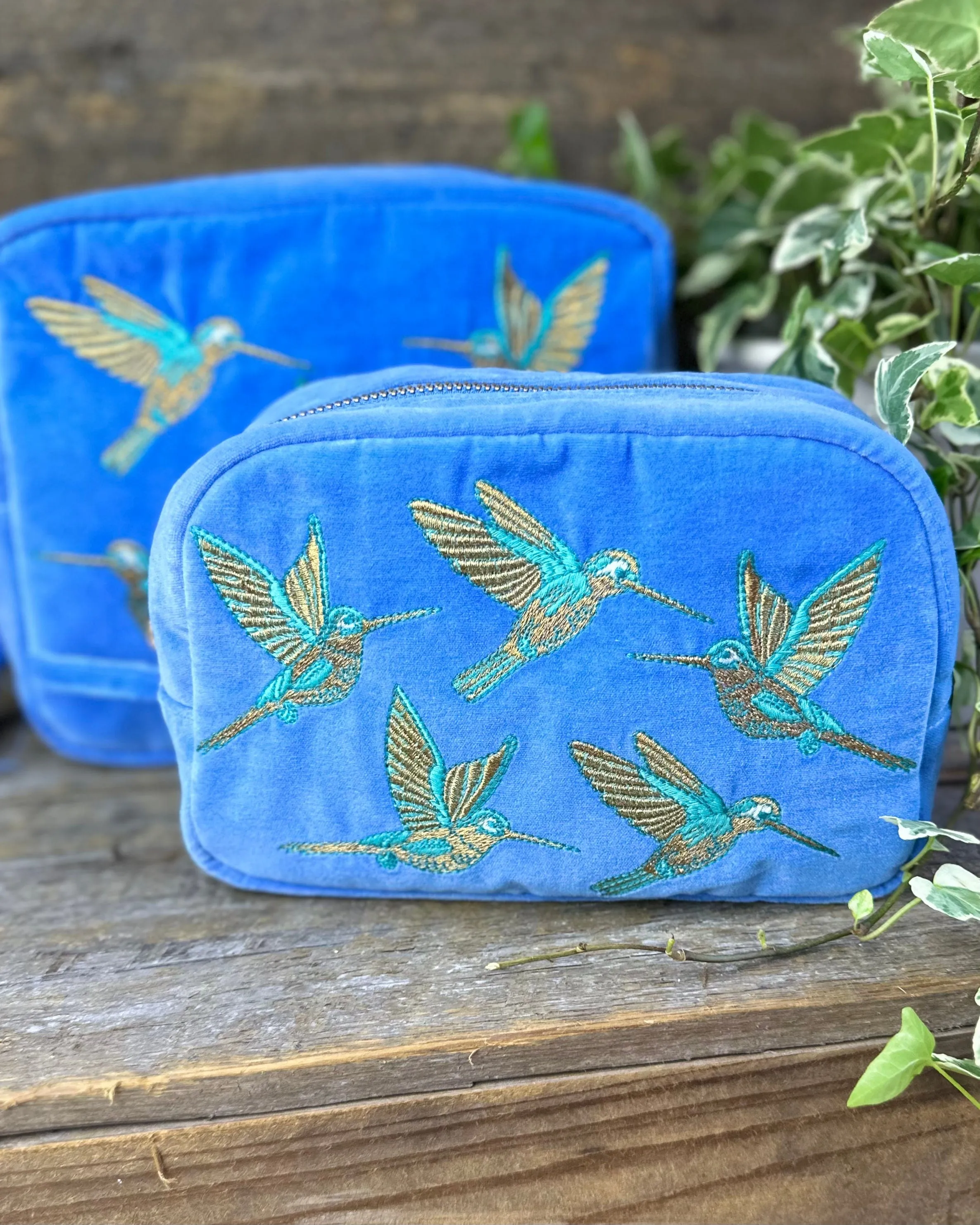 Hummingbird Velvet Cosmetics Bag - Blue