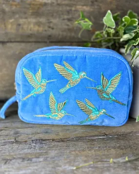 Hummingbird Velvet Cosmetics Bag - Blue