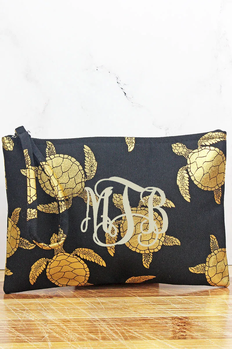 Large Metallic Gold Sea Turtle Wristlet Pouch Travel Tote