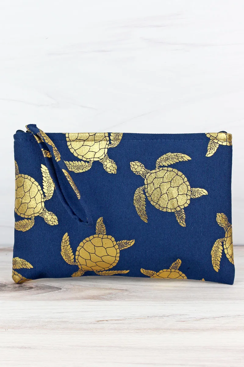 Large Metallic Gold Sea Turtle Wristlet Pouch Travel Tote