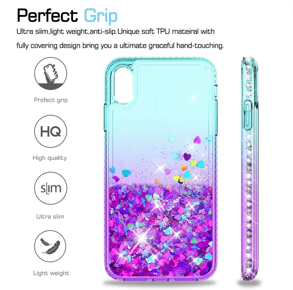 LeYi Case for iPhone XR with Glass Screen Protector [2 pack], Glitter Liquid Flowing Clear Transparent Diamond Personalise TPU Gel Silicone Shockproof