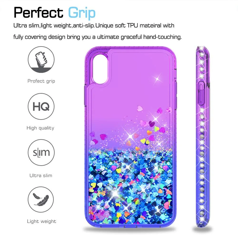 LeYi Case for iPhone XR with Glass Screen Protector [2 pack], Glitter Liquid Flowing Clear Transparent Diamond Personalise TPU Gel Silicone Shockproof