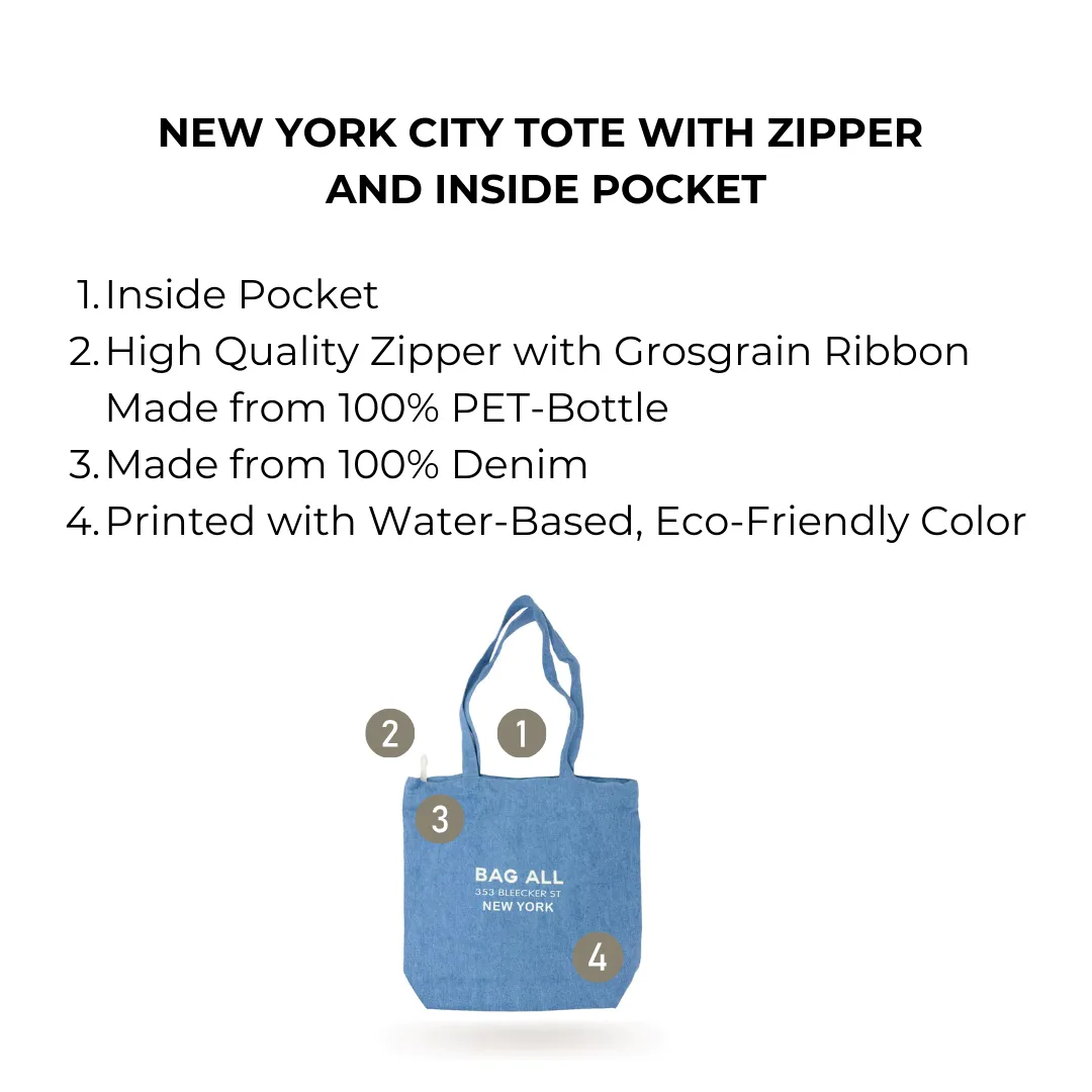 New York City Tote with Zipper and Inside Pocket, Denim