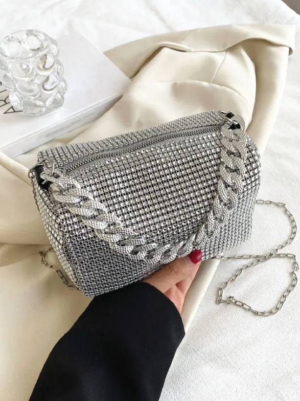 Rhinestone Decor Diamond Square Silver Chain Bag