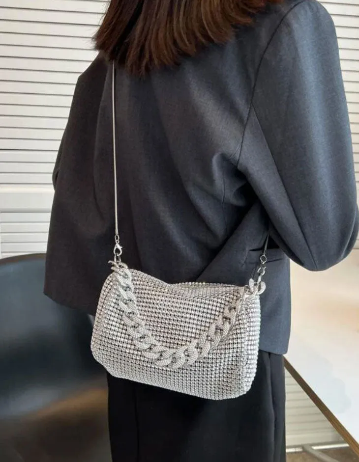 Rhinestone Decor Diamond Square Silver Chain Bag