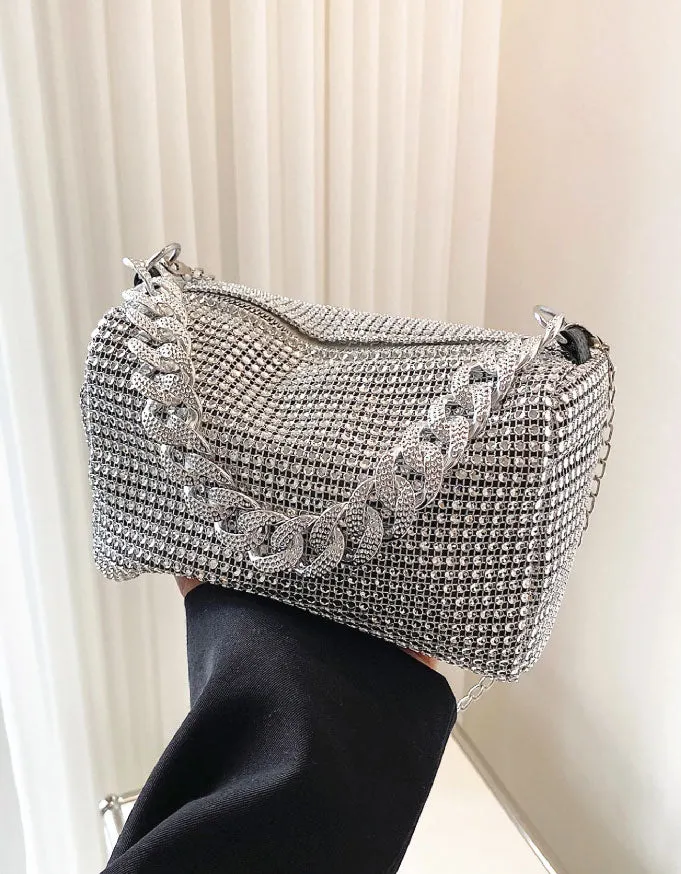 Rhinestone Decor Diamond Square Silver Chain Bag