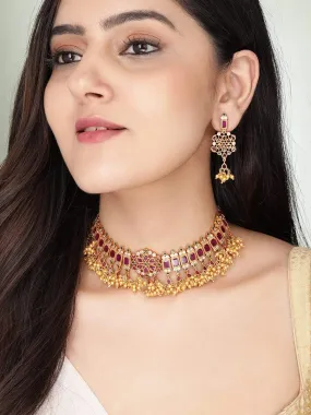 Rubans 24K Gold Plated Red Studded Intricate Necklace Set