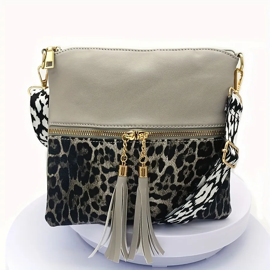 Stylish Leopard Print Tassel PU Crossbody Pouches - Adjustable Removable Strap, Zipper Closure, Polyester Lining, Random Animal Print Design - Fashionable Womens Handbags for Everyday Use