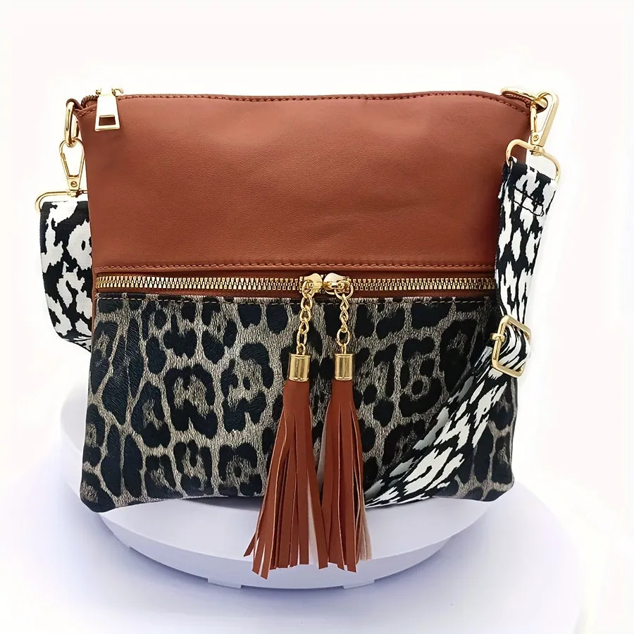 Stylish Leopard Print Tassel PU Crossbody Pouches - Adjustable Removable Strap, Zipper Closure, Polyester Lining, Random Animal Print Design - Fashionable Womens Handbags for Everyday Use