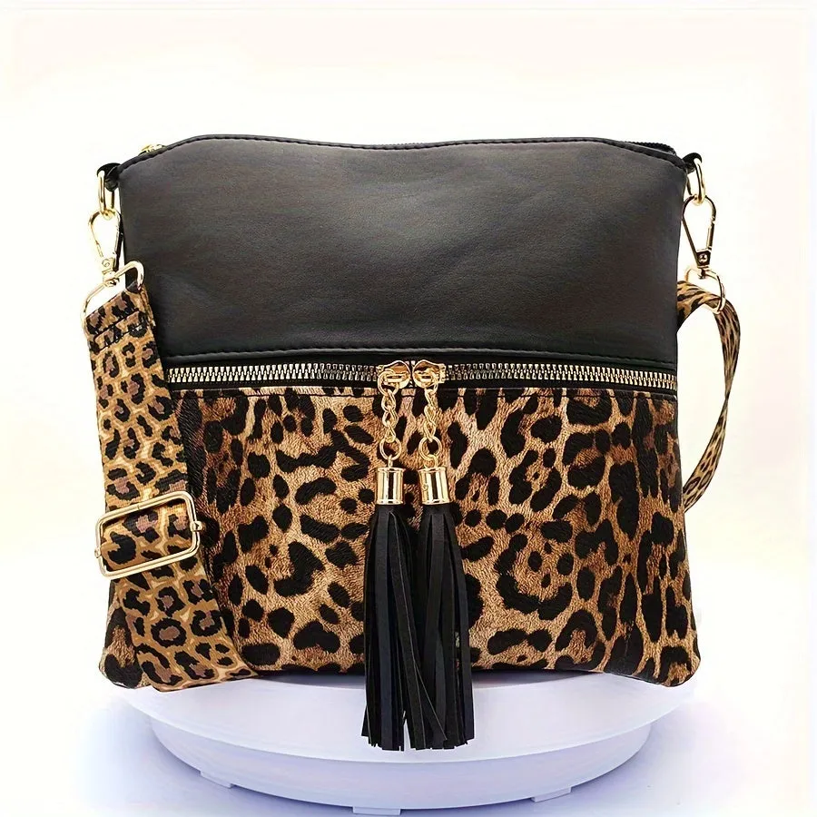 Stylish Leopard Print Tassel PU Crossbody Pouches - Adjustable Removable Strap, Zipper Closure, Polyester Lining, Random Animal Print Design - Fashionable Womens Handbags for Everyday Use