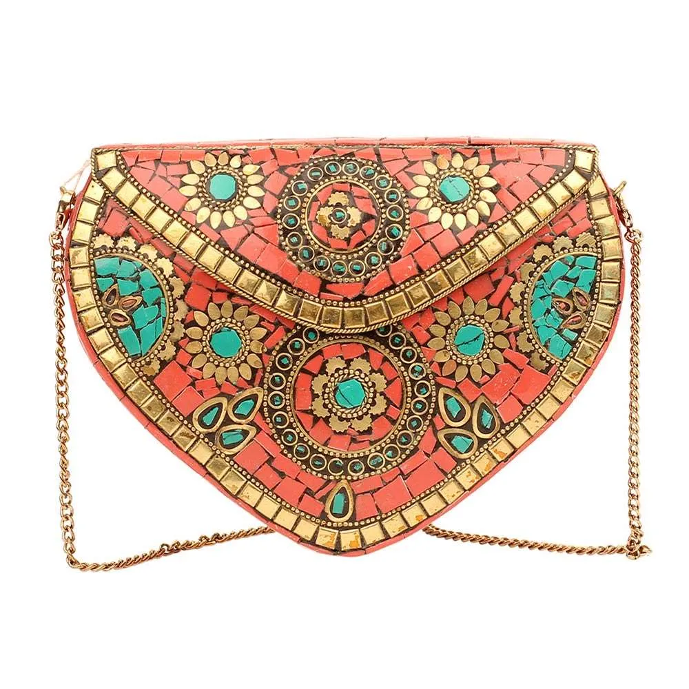 Turquoise Boho Mosaic Heart Crossbody Clutch Bag -M H W ACCESSORIES