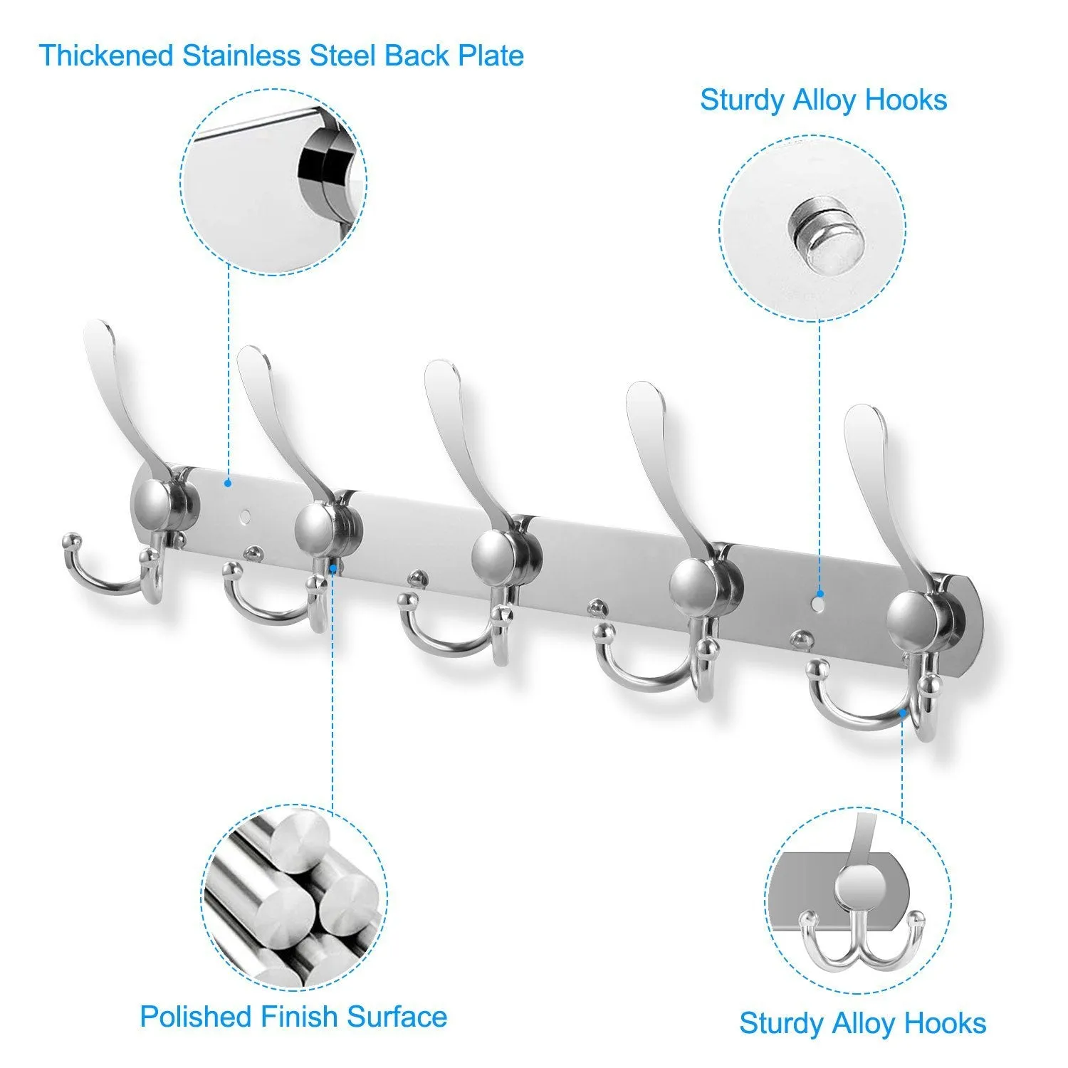 Wall Mount Coat 15 Hooks Stainless Steel Clothes Hanger Rack