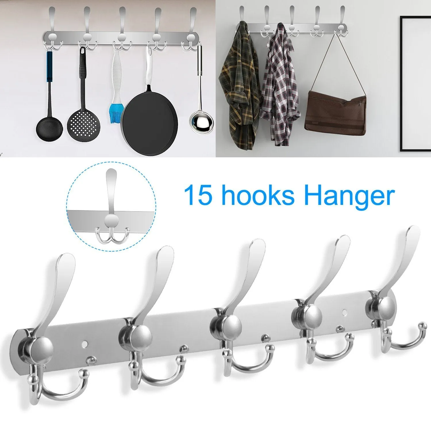 Wall Mount Coat 15 Hooks Stainless Steel Clothes Hanger Rack